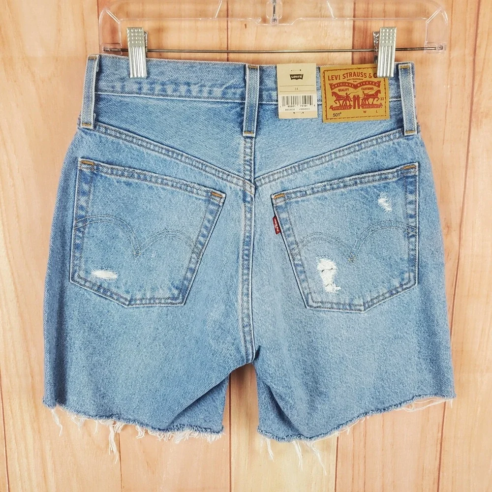 Levi's 501‎ Womens Bermuda Shorts 24 Blue Medium Wash Denim Cotton Distressed